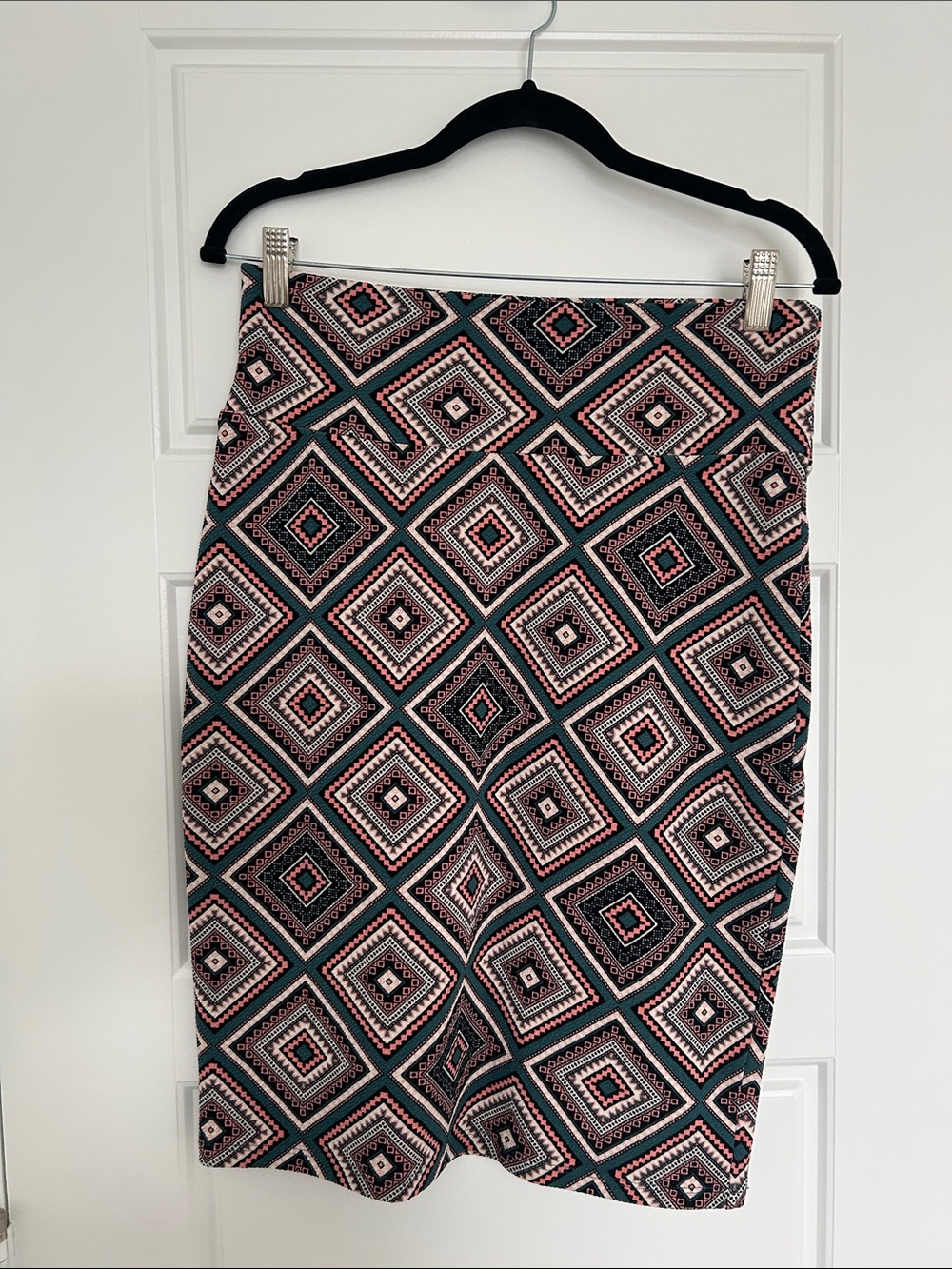 Geometric Pattern Pencil Skirt in Black, Teal. and Coral